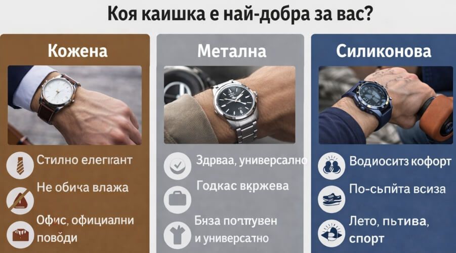 Инфографика на светъл фон, сравняваща кожена, метална и силиконова каишка за часовник в три отделни цветни колони: вляво колоната за кожена каишка показва часовник на китка с официално облекло и акцентира върху стилна визия, по-елегантен външен вид и подходящост за офис и официални поводи; в средата колоната за метална каишка показва часовник с метална верижка и подчертава здравина, универсалност и дълготрайно носене; вдясно колоната за силиконова каишка показва часовник в спортна ситуация и акцентира върху комфорт, устойчивост на влага и подходящост за лято, пътуване и спорт, като в долната част на всяка колона има бутон за избор и цялото изображение служи като лесно визуално сравнение между трите варианта